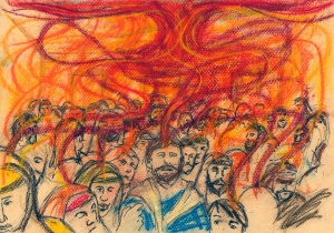 Acts 2:1-4. When the day of Pentecost came. Pastel & pen. 26 May 2012.